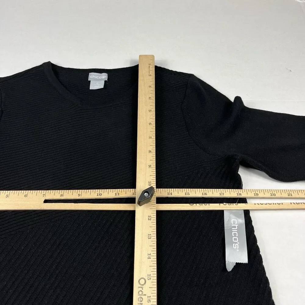 Chicos Tunic Sweater Black Asymmetric Warm Cozy Ribbed Knit Pullover 0 SMALL NEW